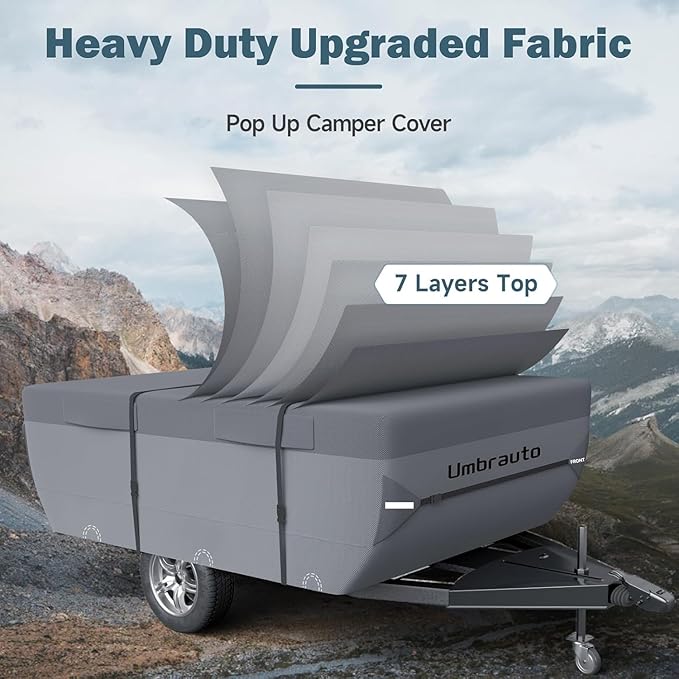 Umbrauto Pop-Up Camper Covers Fits 14-16ft Tent Trailer: 7 Layers Top Pop Up Trailer Cover Waterproof, Breathable Ripstop Sun Block, with Gutter Covers, Windproof Straps