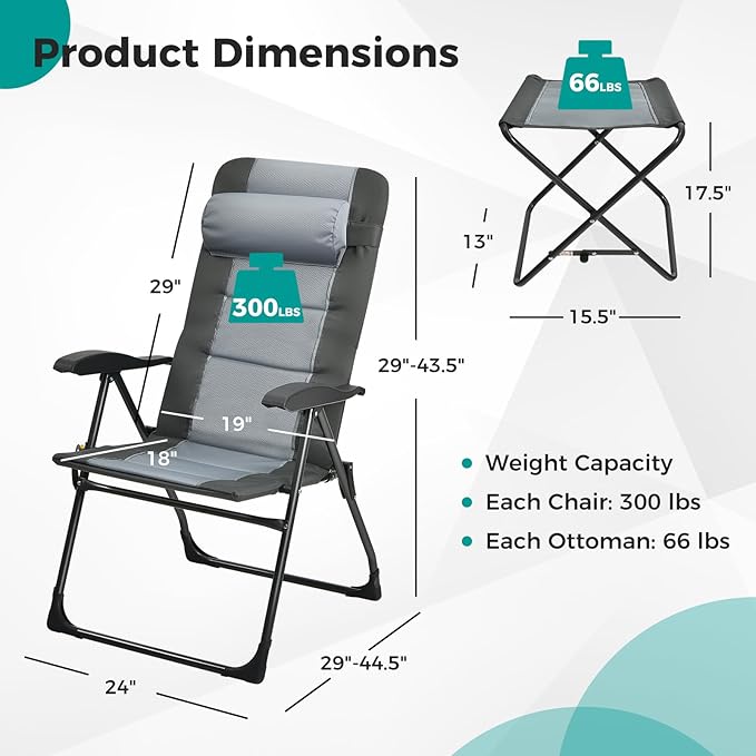 GYMAX Patio Chairs with Ottomans, Outdoor Recliner Set of 2 with 7-Level Backrest, Armrest, Detachable Headrest & Back Pocket, Padded Folding Camping Lounger for Lawn Balcony Backyard (4)