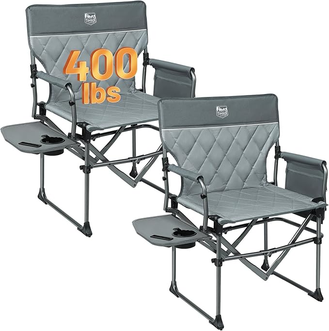 TIMBER RIDGE 2 Pack Aluminum Camping Directors Chair with Side Table Pocket, Portable Folding Heavy Duty Lawn Chair for Fishing Trip Picnic Concert Outdoor 400lbs, Grey