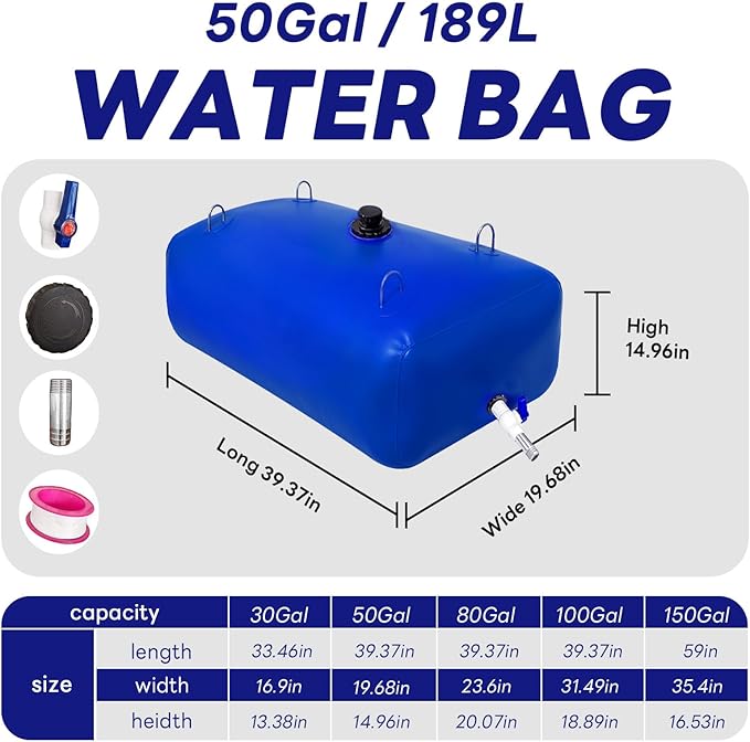 189 L/50 Gallon Water Bladder Tank, Blue Portable RV Water Tank, Large Capacity Water Storage Bladder for Camping, Garden, Emergency, Outdoor Sports
