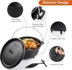 10 QT Pre-Seasoned Cast Iron Camp Dutch Oven with Lid, Large Camping Dutch Oven Pot with Tripod Stand, incl. Lid Lifter - Dual Handles - for Outdoor Campfire, Grill, Oven&Stovetop Cooking - Black