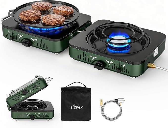 BIG HORN OUTDOORS 2 Burner Propane Camping Stove, Portable Camp Stove, Folding Gas Stove, Includes Frying Pan & Carry Bag for Camping, Emergency Use and Outdoor Cooking
