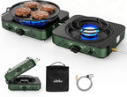 BIG HORN OUTDOORS 2 Burner Propane Camping Stove, Portable Camp Stove, Folding Gas Stove, Includes Frying Pan & Carry Bag for Camping, Emergency Use and Outdoor Cooking