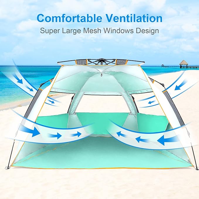 Wolfwise Instant Beach Tent Sun Shelter with Zippered Extendable Porch for Privacy, Portable Beach Tents with Carrying Bag, Easy Setup Pop up Shade for 3-4 Person, 85 x45x49 in, Mint Green