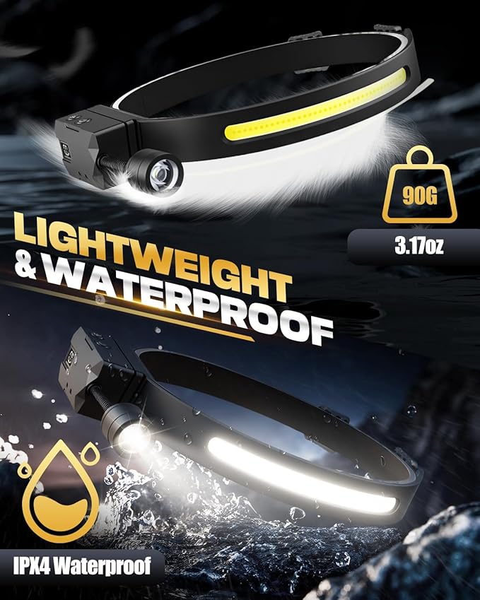 Headlamp Rechargeable 1 Pack, Detachable 230° Wide Beam LED 2 in 1 Head Lamps with Motion Sensor, Hard Hat Head Lamp for Adults, 7 Modes Headlight for Mechanics, Hiking, Outdoor Work
