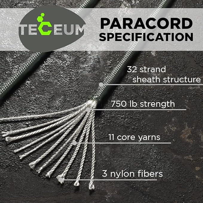 TECEUM 5/32" Paracord Rope 1000 – 1000ft / 200ft / 100ft / 50ft – Tactical Parachute Cord 4mm – 45+ Colors – Nylon String for Survival & Camping Gear – Stripe Cord for Survival – Utility Rope