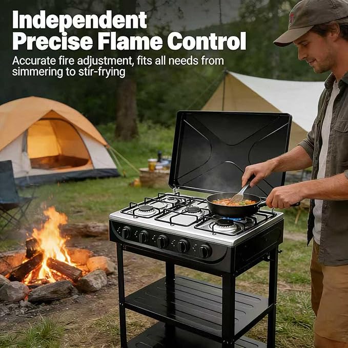 5 Burner Natural Gas Stove Portable Black Camping Stove Manual Ignition Gas Stove with Support Leg Stand and Wind Blocking Cover for RV, Apartment, Outdoor Cooking