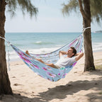 Blue Background Pink Flowers Camping Hammock Single Portable Hammocks 330 lbs Capacity with 2 Tree Straps and Attached Carry Bag,Perfect for Outdoor,Indoor,Beach,Camping,Travel