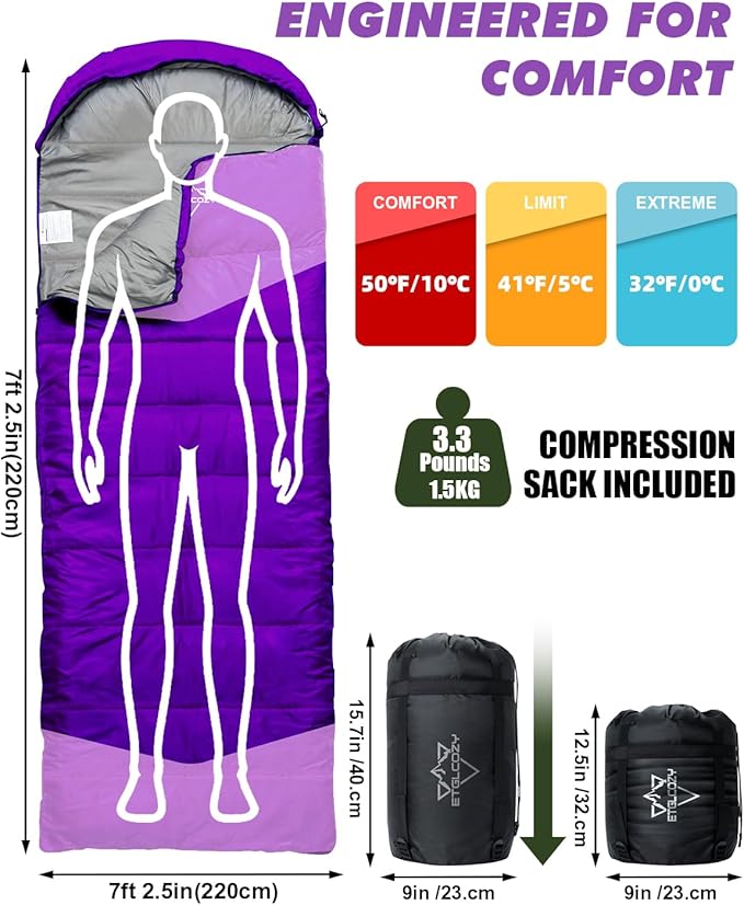 Single Sleeping Bag for Adults Kids 3-Season, Lightweight Waterproof Ripstop, Dual Zipper Bottom Vent, Compression Sack, Portable Camping Hiking Backpacking Gear