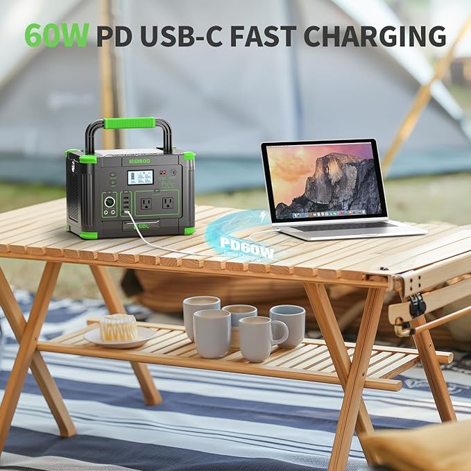 Portable Power Station 500W(Peak 1000W) EBL, 519Wh Outdoor Solar Generator with 2 AC(110V) Outlets, 10 Ports Powerhouse with USB-C PD Fast Charging for Travel, RV Camping Off-Grid Living Emergency