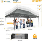 HOTEEL 10×20 Pop Up Canopy Tent UV 50+ and Waterproof, Thickened Frame, Large Space Easy Outdoor Pop Up Canopy for Wedding, Beaches, Parties, Patio (Grey)