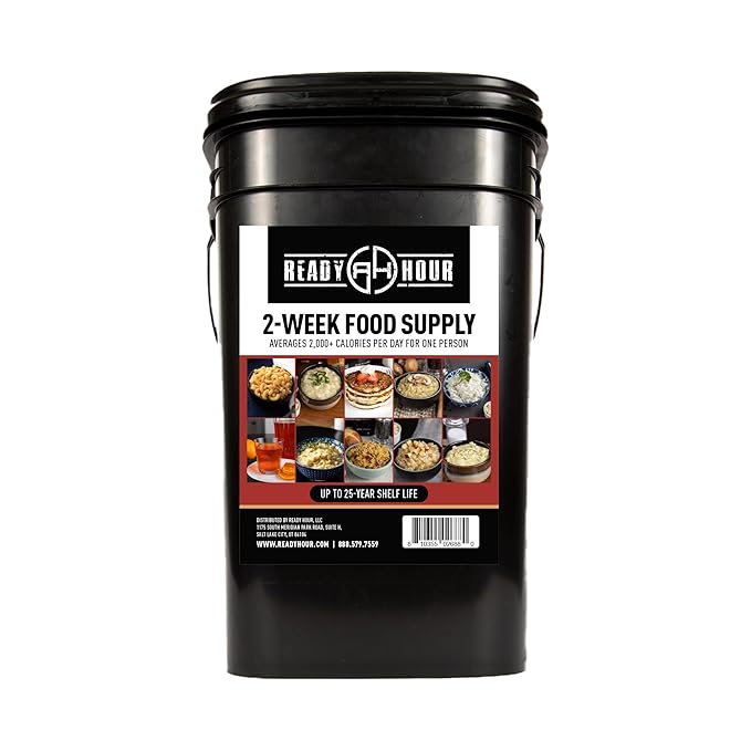 Ready Hour 2-Week Emergency Food Supply (114 Servings), Emergency Storage, Freeze-Dried Kit Meal Entrées, Real Non-Perishable Meals, 25-Year Shelf Life Food, Portable Flood-Safe Container