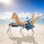 GYMAX Beach Chairs, Backpack Camping Chair with Armrest, Cooler Bag, Cup Holder, Towel Bar & Side Pockets, Sunbath Sling Tanning Lounge, Folding Layout Chair (Without Table, Blue Leaves)