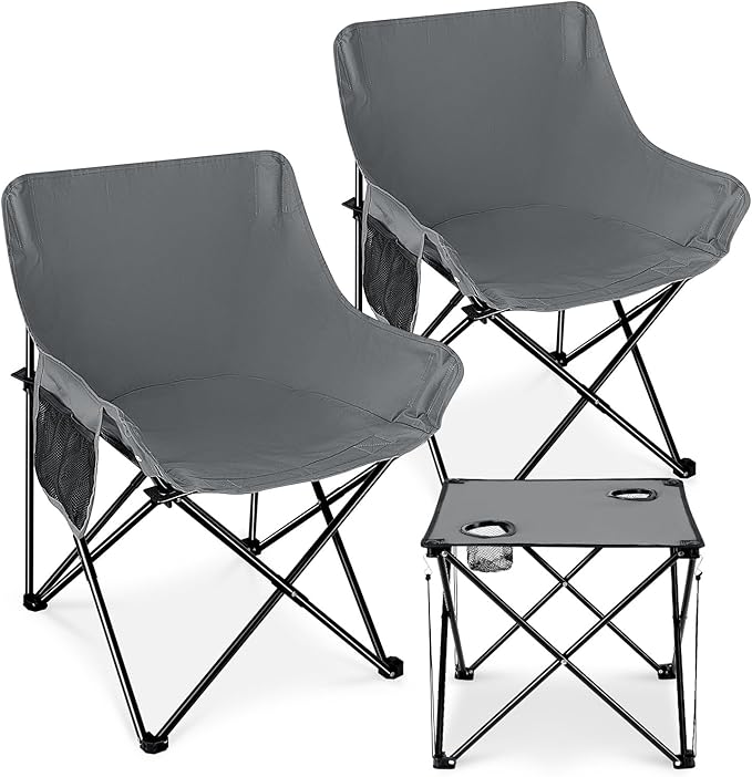 Leonyo Portable Camping Chairs for Adults, 2 Pcs Oversized Lawn Chair with Folding Camping Table for Beach, Picnic, Outdoor Sports, Fishing, Rv Travel – Grey