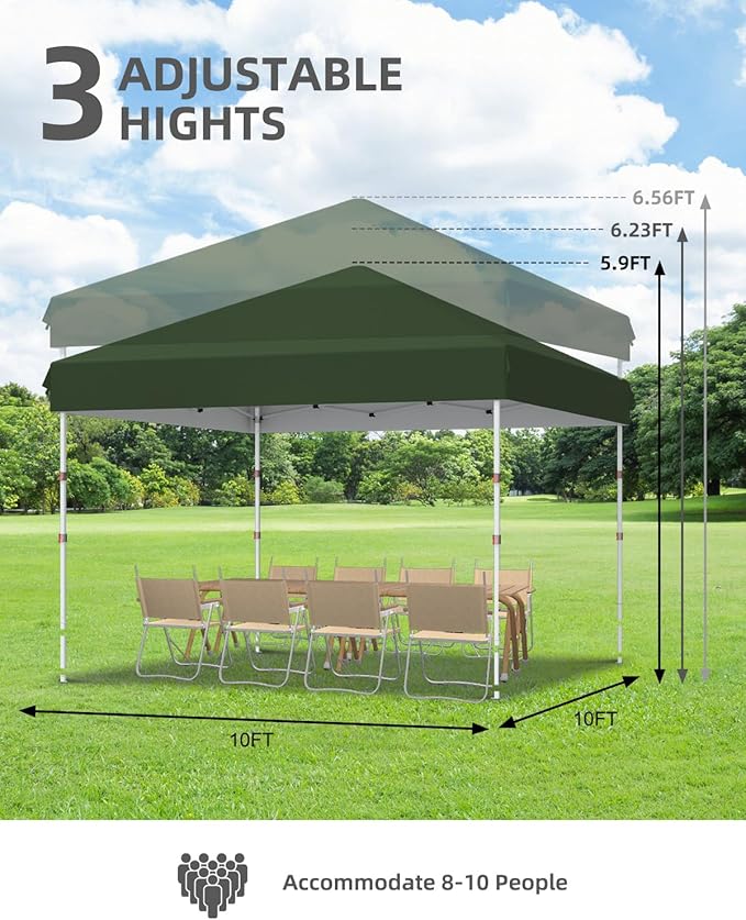 GarveeLife 10x10 Pop Up Canopy with One Button Push Setup - Heavy Duty Outdoor Canopy Tent with Portable Roller Bag - 3 Adjustable Height, 4 Weight Bags, 8 Stakes & 4 Guy Ropes Included, Green