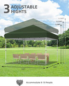 GarveeLife 10x10 Pop Up Canopy with One Button Push Setup - Heavy Duty Outdoor Canopy Tent with Portable Roller Bag - 3 Adjustable Height, 4 Weight Bags, 8 Stakes & 4 Guy Ropes Included, Green
