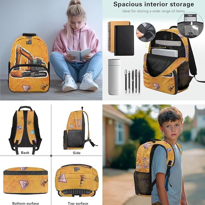 Excavator Backpack and Lunch Box Set Boys Kids Backpack Elementary School Perfect for School, Camping and Other Outdoor Activities
