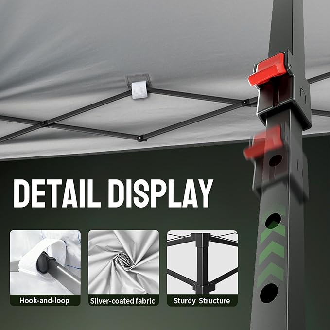 CROWN SHADES 8x8 Pop Up Canopy - Patented Center Lock One Push Instant Outdoor Canopy Beach Tent with STO-N-Go Bag 8 Stakes & 4 Sand Bags，Grid Grey