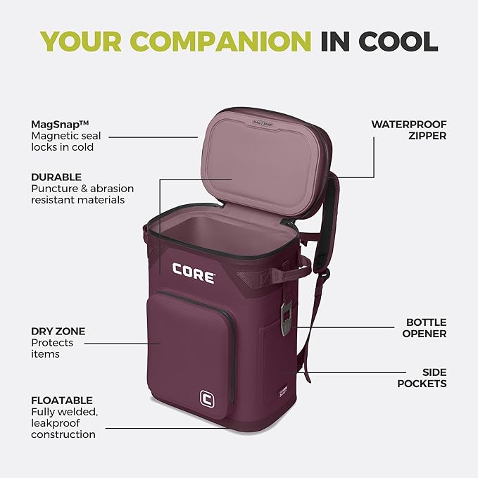 CORE Magnetic Leak Proof Soft Cooler with Waterproof Zipper | Insulated Bag Portable Ice Chest Box | Best Soft Cooler for Food & Beverages for Tailgating, Car Camping, Travel, and Family Beach Picnics