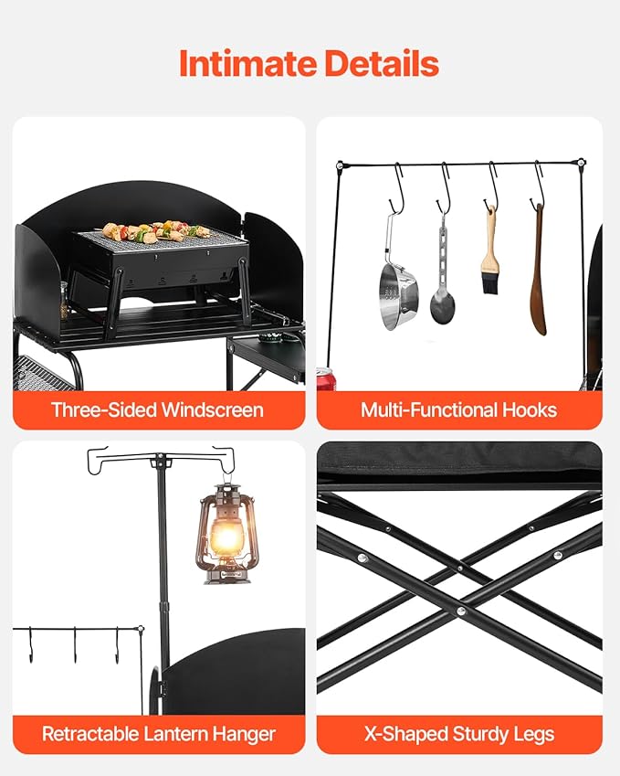VEVOR Camping Kitchen Table, Outdoor Camp Cooking Table, Aluminum Portable Cook Station with Storage Cupboard, Carrying Bag, Detachable Windscreen, Quick Set-up for BBQ Party Picnic RV Travel, Black