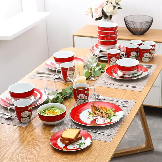 GaRcan Sudemota Dinner Plate Christmas Snowman 16/32-Piece Porcelain Dinner Tableware Set with Dinner Dessert Plate,Bowl,Mug Service for 4/8 Person/a/32-Piece