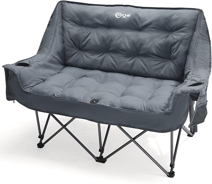 Portal Double Camping Chair, 2 Person Folding Loveseat for Adults, Padded Cushion Camp Lawn Love Seat with Side Pocket Portable Couch, Two Person Heavy Duty Wide Chairs with Cup Holder, 600 lbs