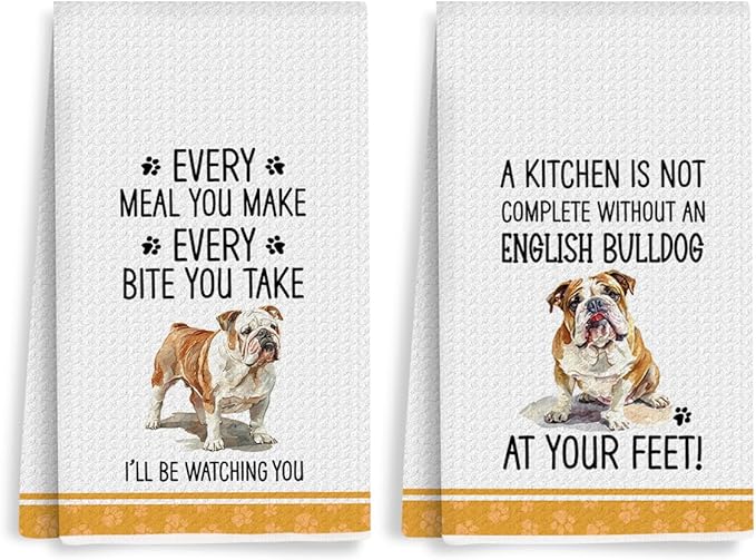 2Pcs Funny Dog Kitchen Towels 24x14 Inch, Cute English Bulldog Waffle Weave Dish Towels for Kitchen Home, White Absorbent Microfiber Hand Tea Towel, English Bulldog Gifts for Women Dog Lovers