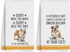 2Pcs Funny Dog Kitchen Towels 24x14 Inch, Cute English Bulldog Waffle Weave Dish Towels for Kitchen Home, White Absorbent Microfiber Hand Tea Towel, English Bulldog Gifts for Women Dog Lovers