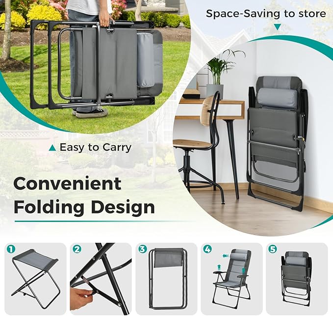 GYMAX Patio Chairs with Ottomans, Outdoor Recliner Set of 2 with 7-Level Backrest, Armrest, Detachable Headrest & Back Pocket, Padded Folding Camping Lounger for Lawn Balcony Backyard (4)