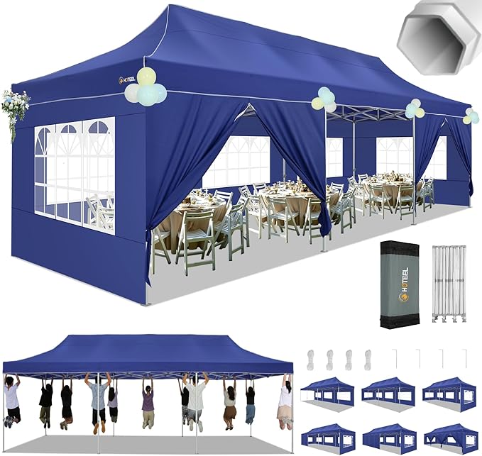 HOTEEL 10x30 Heavy Duty Pop Up Canopy Tent with Sidewalls, Tents for Parties Commercial Party Tent Event Wedding Instant Canopy Waterproof with Carry Bag, UV 50+, Thicked Hexagonal Legs, Deep Blue