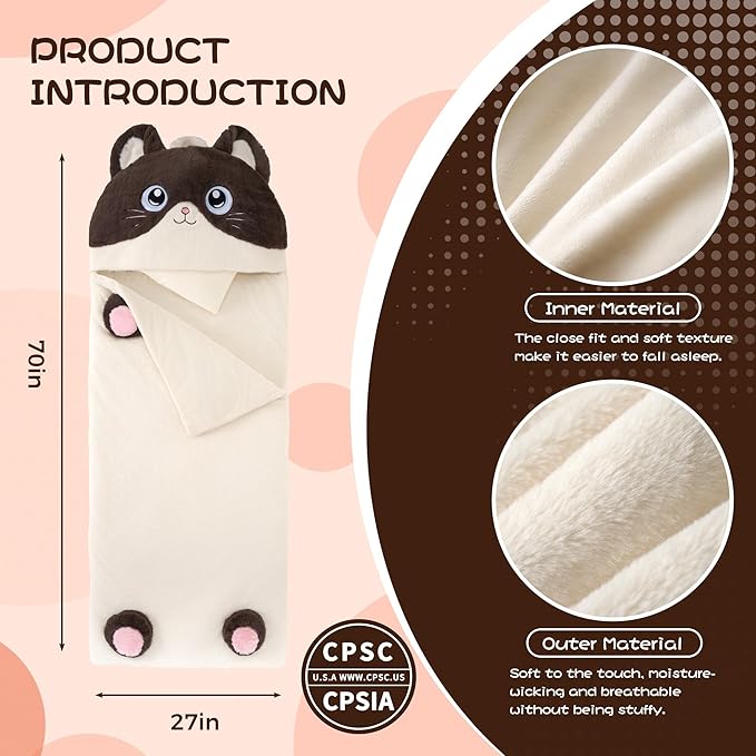 70" 4.2lbs Cat Thickened Kids Nap Mat for Preschool, Daycare,Kindergarten,Soft Washable for Boys and Girls, 2-in-1 Stuffed Animals Sleeping Bag and Pillow, Sleep Sack for Toddlers