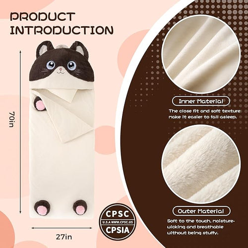 70" 4.2lbs Cat Thickened Kids Nap Mat for Preschool, Daycare,Kindergarten,Soft Washable for Boys and Girls, 2-in-1 Stuffed Animals Sleeping Bag and Pillow, Sleep Sack for Toddlers