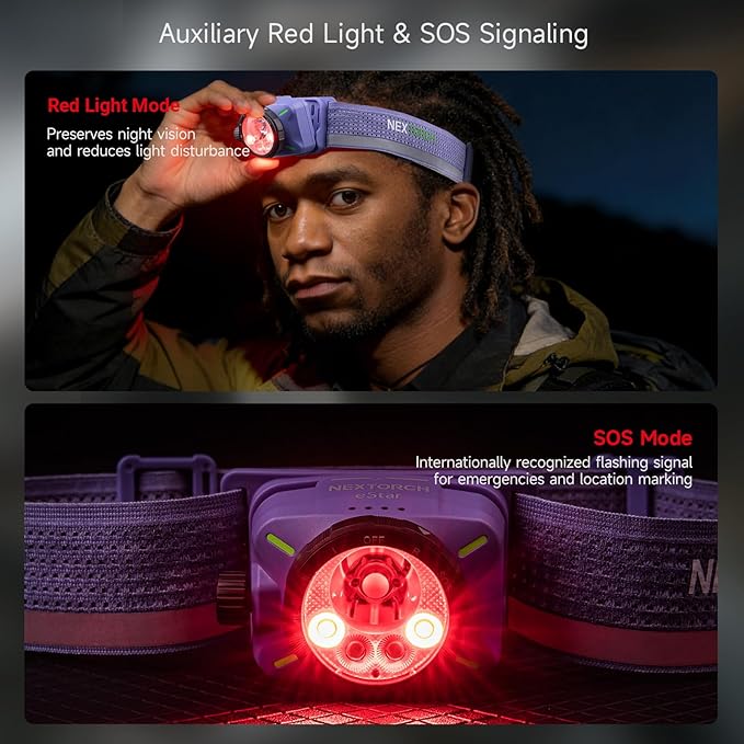 NEXTORCH eStar 1300 Lumens Headlamp Rechargeable, Running LED Headlight Extra Lightweight with Red Light, Waterproof Headband for Outdoor Camping Hiking Working, 2*1200 mAh, USB-C Charging, Purple