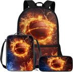 Rnyleeg Fire Basketball Backpack for Boys with Lunch Box Cool Boys Bookbag Age 8-10 Portable School Bag Set 3 Pack for Primary Students Casual Sackpack