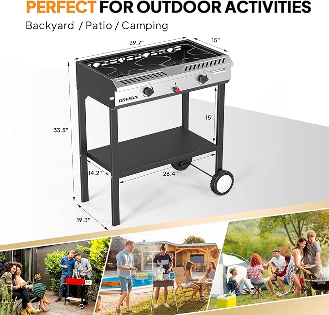 ROVSUN 2 Burner Propane Stove with Auto Ignition, 150,000 BTU Gas Stove with Storage Shelf, Rolling Wheels & Regulator for Home Outdoor Backyard Camping Cooking Frying Brewing Canning