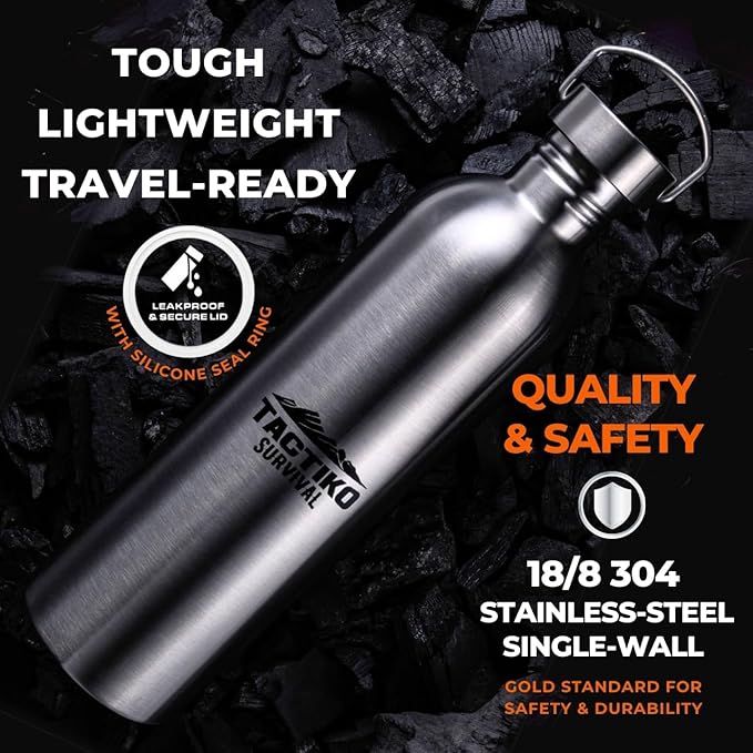 Tactiko Survival 51 oz/1500 ml Stainless Steel Wide Mouth Water Bottle, Single Wall Boil-Safe, Leakproof, BPA-Free with Carry Sleeve and Strap for Camping, Hiking, Outdoor Prep (Tan)