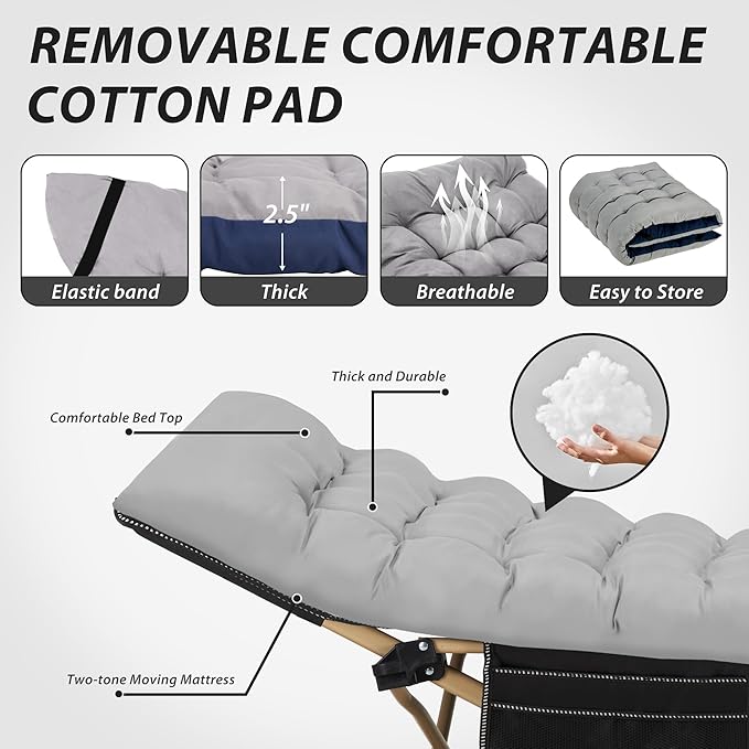 Folding Camping Cot for Sleeping, Portable Cots for Adults, Heavy Duty Cot Bed 550LBS(Max Load), Extra Wider Cots with Large Pocket for Outdoor, Office, Beach