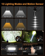 SKYFIRE Rechargeable Headlamp 3000 Lumens Motion Sensor, LED Super Bright Head lamp with 7500mAh Battery, Zoomable 13 Modes 90° Adjustable Waterproof Head Light for Running Cycling Camping Hiking