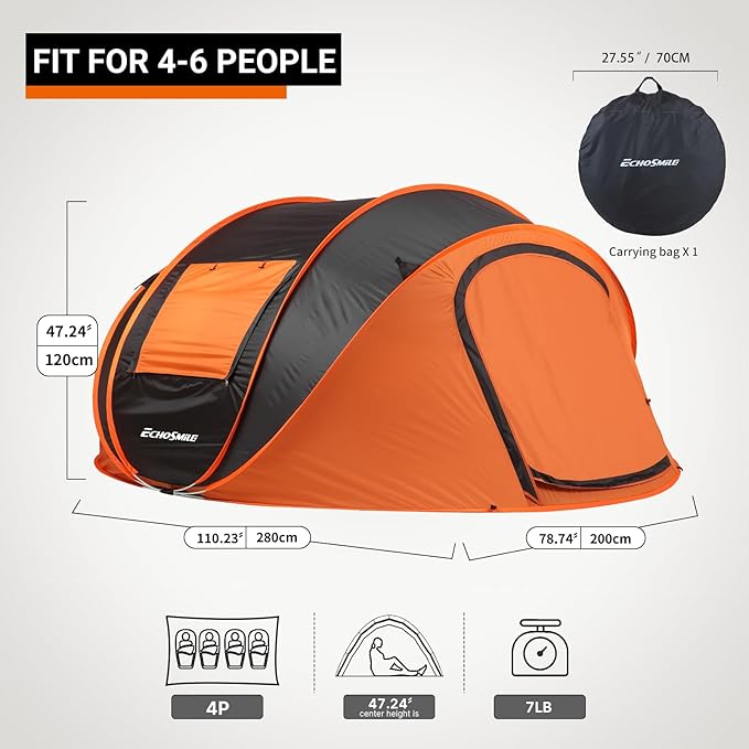EchoSmile Instant Pop Up Camping Tent, 2/4/6 Person, Easy Setup Tent, Water Resistant Dome, Portable with Carry Bag