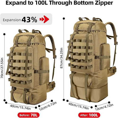 70L/100L Camping Hiking Backpack with Rain Cover, Expandable Large Military Tactical Backpack, Waterproof Molle Racksack Travel Backpacking Daypack for Climbing Trekking (Khaki)