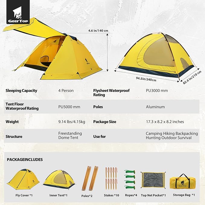 GEERTOP 4 Person 4 Season Tent for Camping Waterproof Double Layer Easy Set Up Family Tent for Camping Hiking Backpacking Outdoor Travel