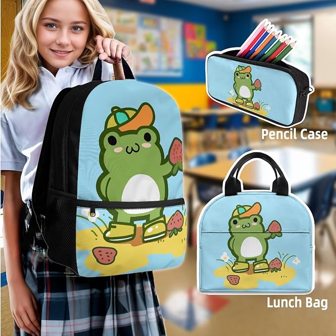 School Backpack for Boys 4 Pcs Kids Backpack with Water Bottle Bag Large Capacity Pencil Case Frog Schoolbag for Travel Camping Kindergarten Elementary Middle Backpacks for Back to School