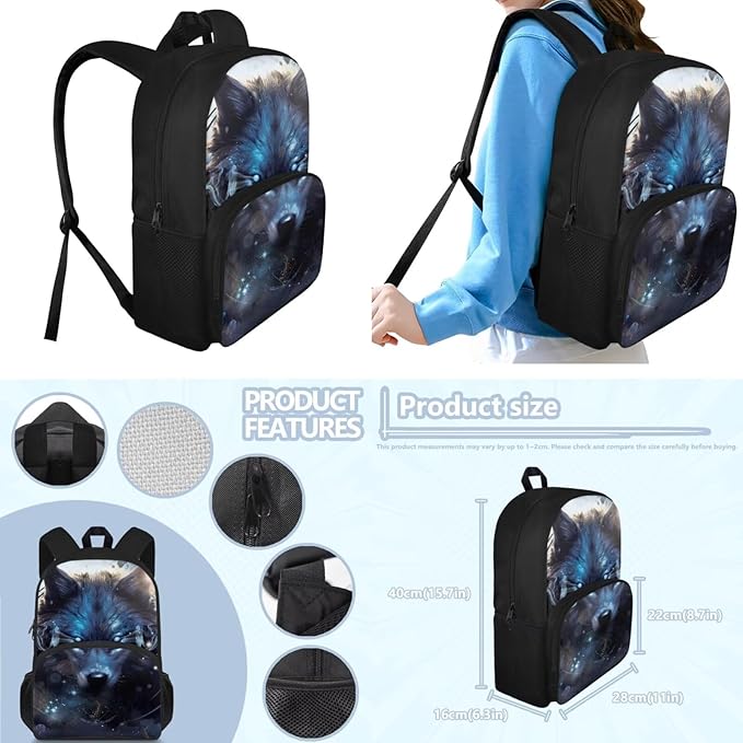 Ystardream Cool Wolf Backpack for Boys 10-12 Kids Backpack with Lunch Box Pencil Box Custom Student Backpack for Teenagers Primary School Backpack for School Travel Dance Sports Camping