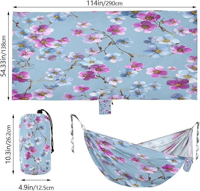 Blue Background Pink Flowers Camping Hammock Single Portable Hammocks 330 lbs Capacity with 2 Tree Straps and Attached Carry Bag,Perfect for Outdoor,Indoor,Beach,Camping,Travel