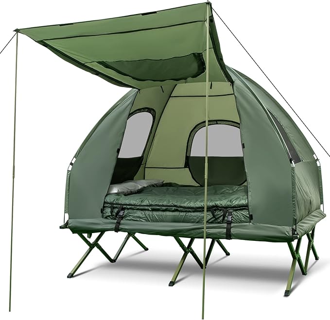 DORTALA 2-Person Tent Cot, Foldable Elevated Camping Tent w/Air Mattress & Sleeping Bag, Portable Dome Camping Tent Cot for Hiking, Camping & Picnic