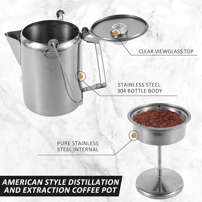 Percolator Coffee Pot Stainless Steel Coffee Percolator w Clear Top Glass Knob, Outdoor Stovetop Camping Coffee Maker, Coffee Pot for Stovetop Coffee Making Traveling Fast Brew 9 Cups