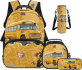School Bus Backpack and Lunch Box Set Boys Lightweight Kids Backpack Elementary School 4 in 1 Set for Primary Kids Casual Daypack Tote Bags