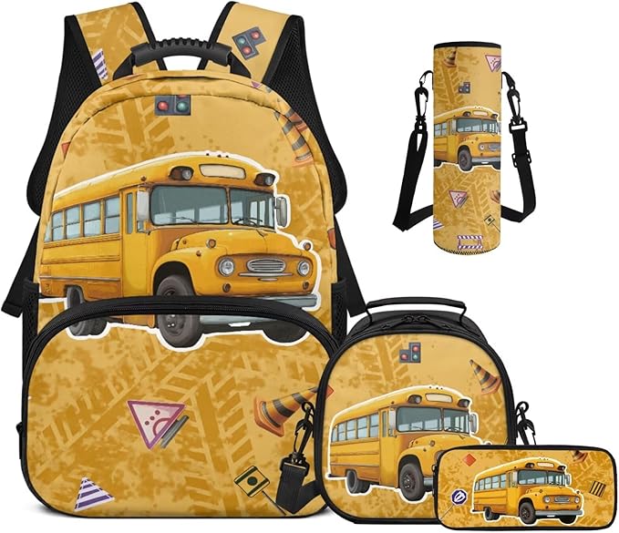 School Bus Backpack and Lunch Box Set Boys Lightweight Kids Backpack Elementary School 4 in 1 Set for Primary Kids Casual Daypack Tote Bags