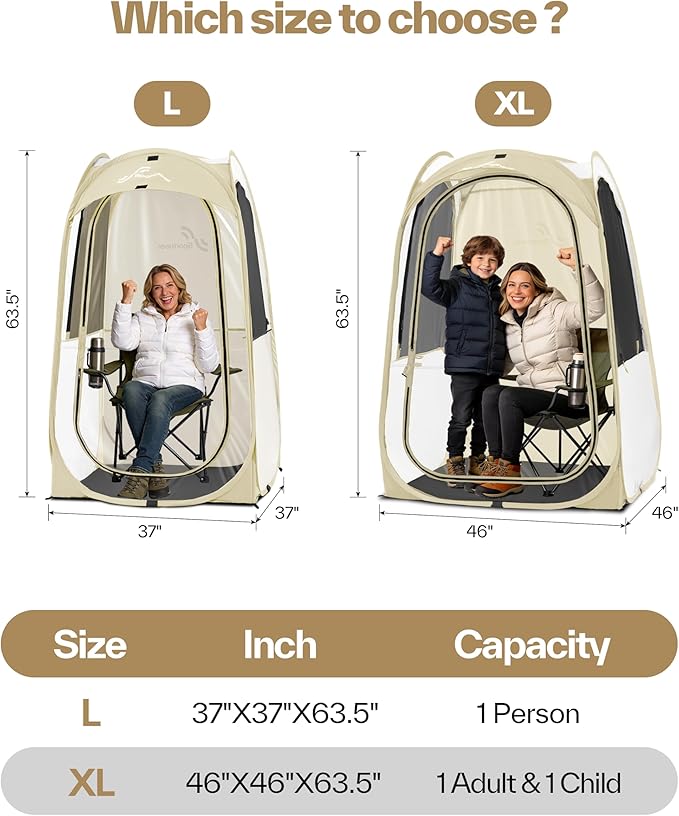 Sportneer XL Clear Pop Up Sports Tent, 46" L x 46" W x 63.5" H Spacious Outdoor TPU Shelter for 1 Adult & 1 Child, Warm All-Weather Bubble Pod with Instant Setup, Wind & Rain Guard for Spectators