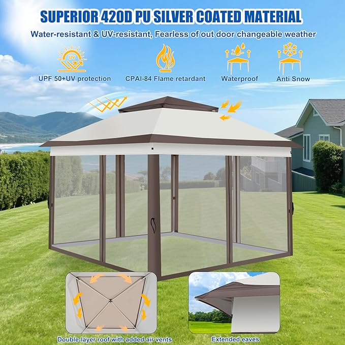 Yesker 10x10 Pop Up Canopy Tent w Mesh Netting Sidewall Vented Top - Heavy Duty Outdoor Canopy, Easy Setup Shelter Gazebo Waterproof 10x10 Popup Tnets for Patio Backyard Parties & Events, Khaki Brown